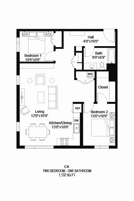 Floor plan for 2 beds, 1 bath, 1132 sqft